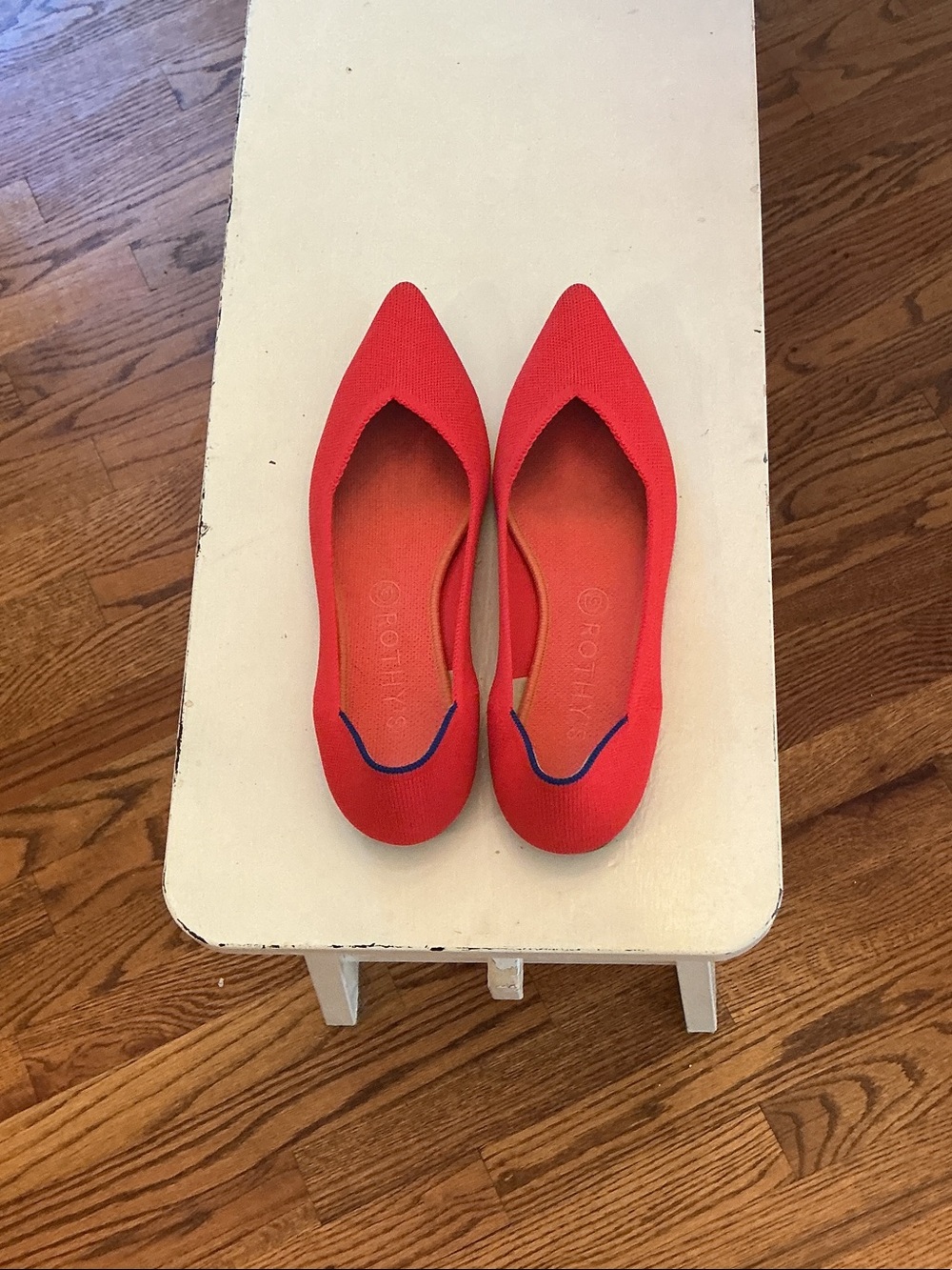 Rothy's Bright Red Pointed Knit Flats with Navy Trim